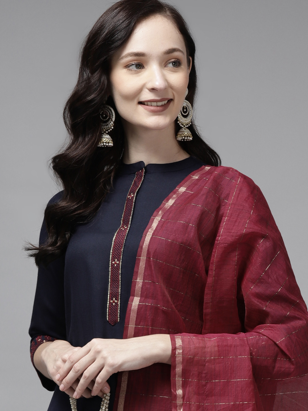 

Indo Era Women Navy Blue Regular Thread Work Pure Cotton Kurta with Trousers & Dupatta