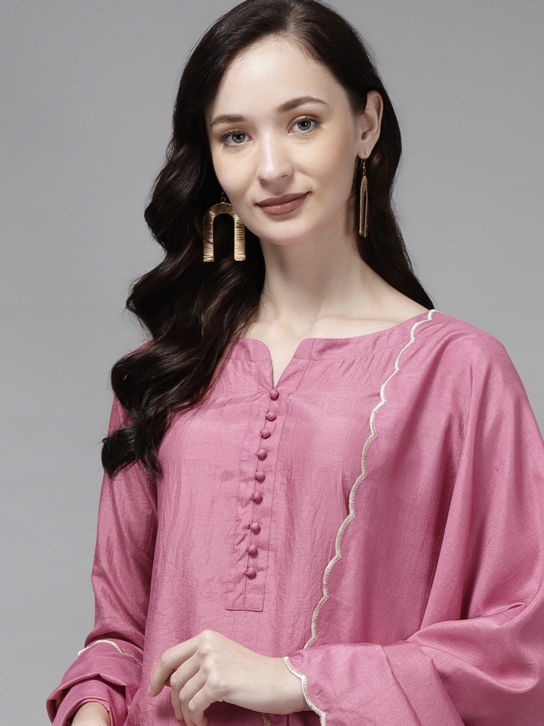 

Indo Era Women Pink Solid Straight Kurta with Palazzos & Dupatta