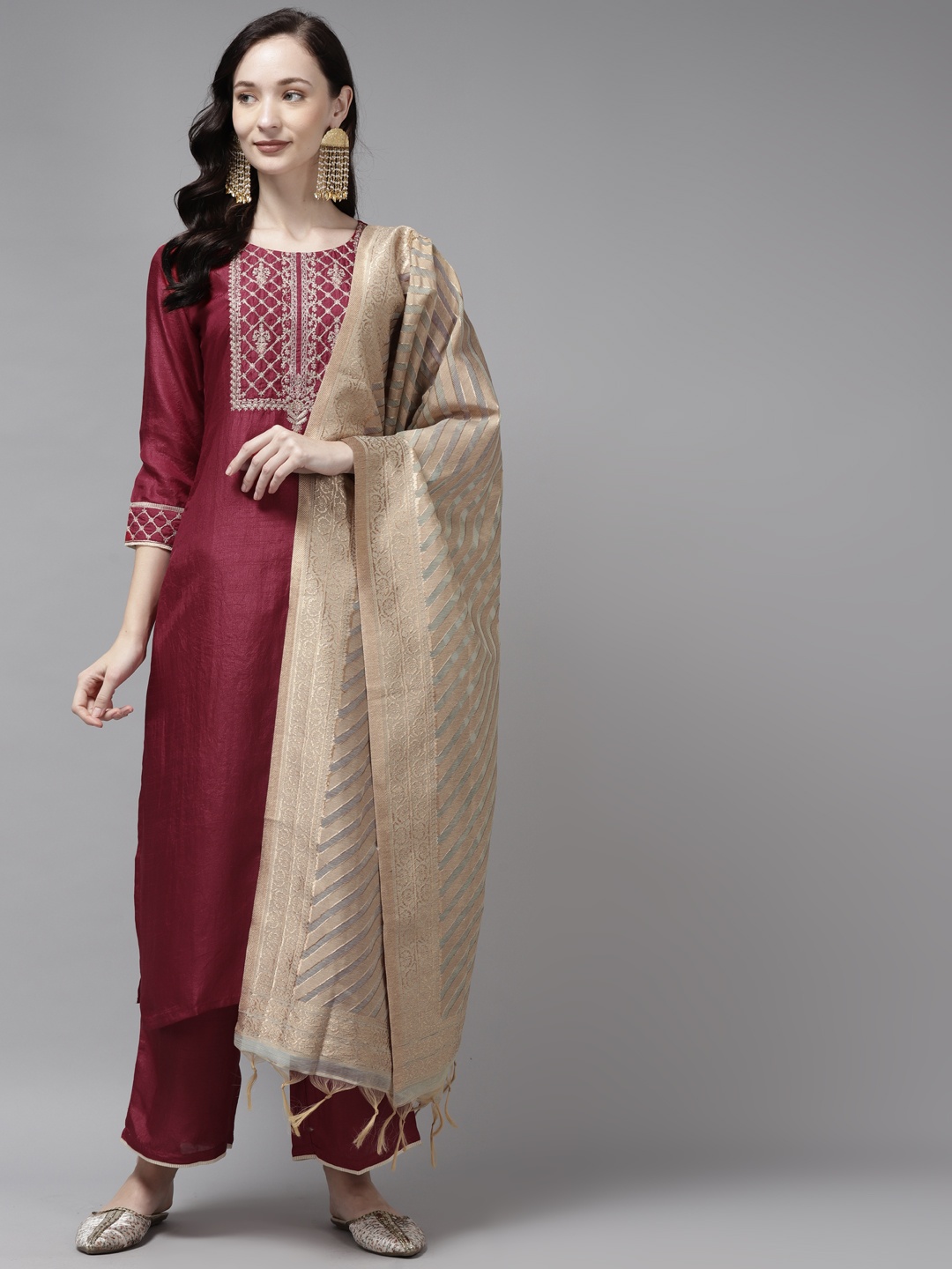 

Indo Era Women Maroon Ethnic Motifs Yoke Design Regular Kurta with Palazzos & Dupatta