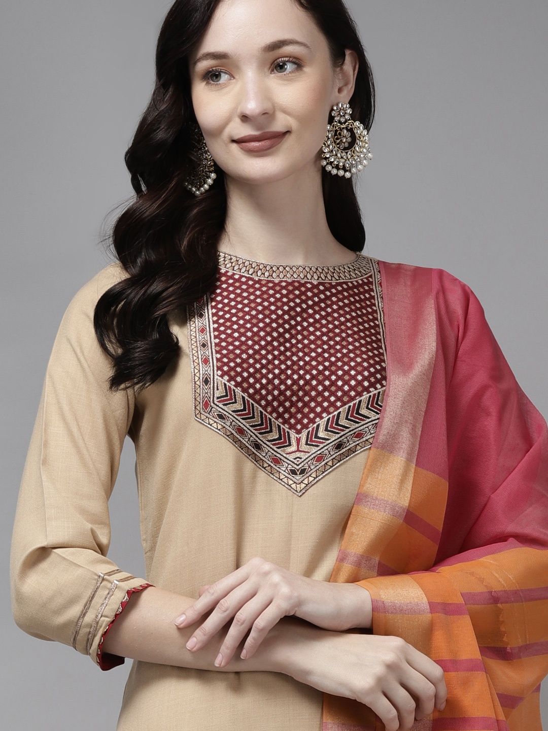 

Indo Era Women Beige Yoke Design Regular Kurta with Palazzos & Dupatta