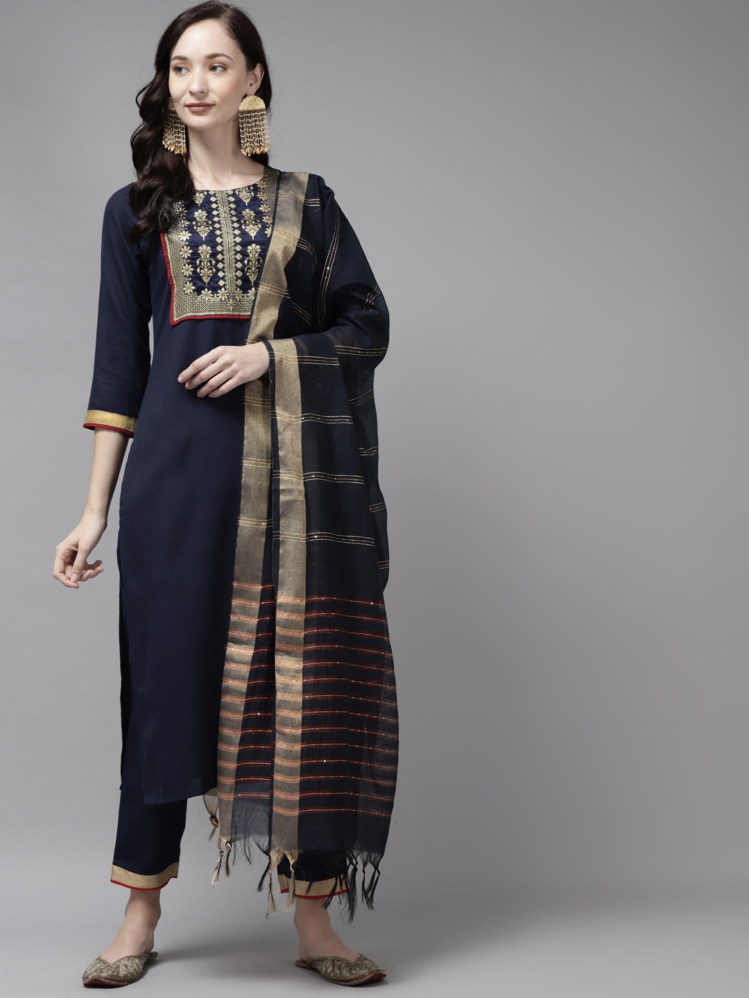 

Indo Era Women Navy Blue Yoke Design Cotton Kurta with Trousers & Dupatta