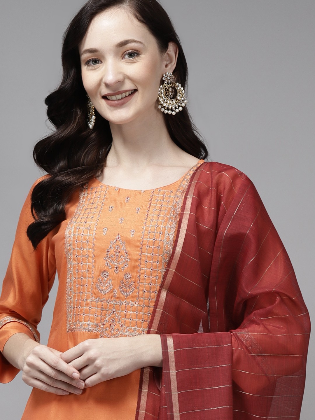 

Indo Era Women Orange Ethnic Motifs Yoke Design Regular Kurta with Palazzos & Dupatta