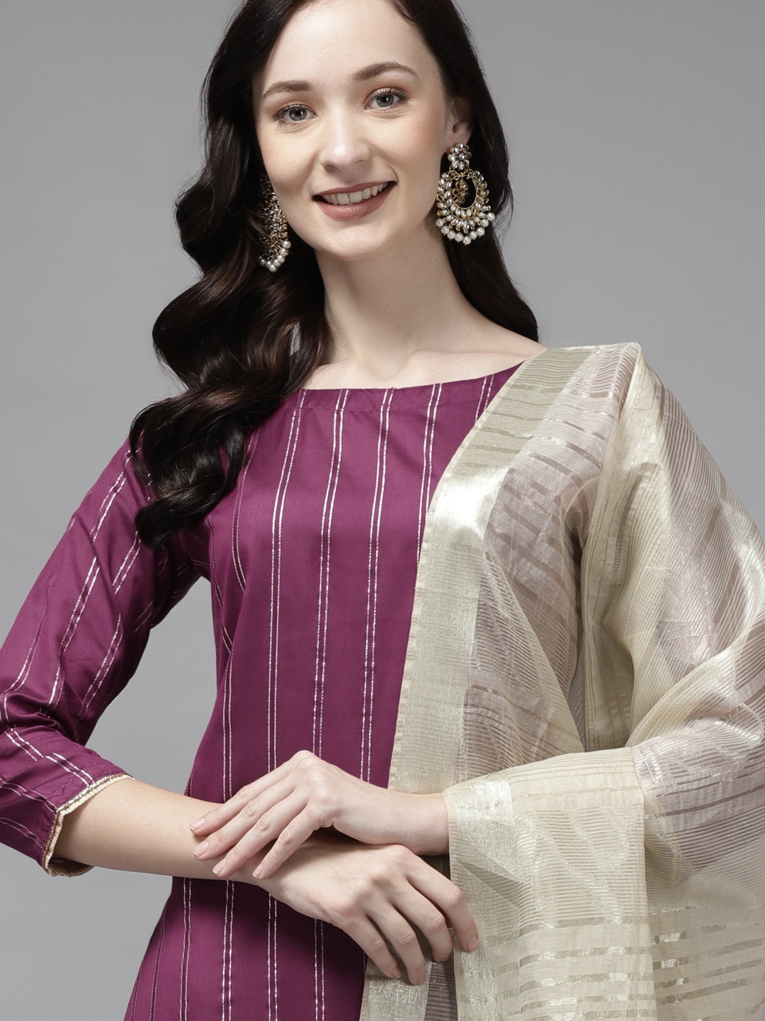 

Indo Era Women Purple & Silver Striped Regular Liva Kurta with Palazzos & Dupatta