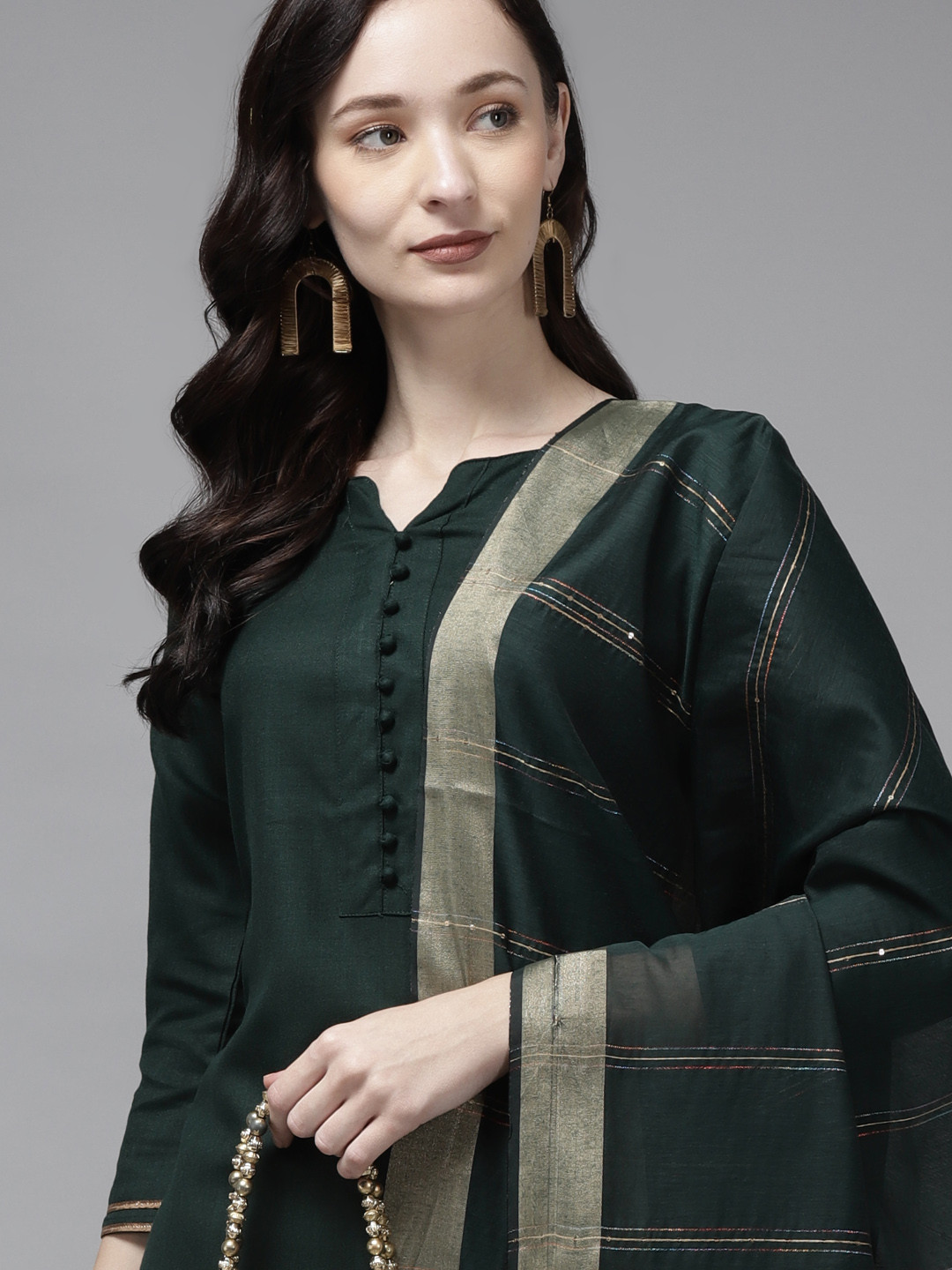 

Indo Era Women Green Solid Sequinned Pure Cotton Kurta with Palazzos & Dupatta