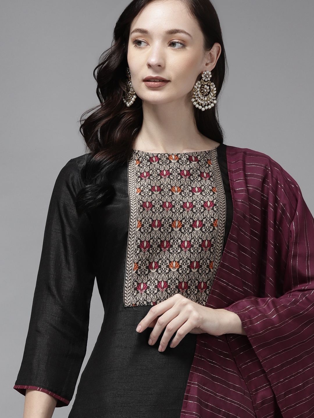 

Indo Era Women Black Yoke Design Regular Liva Kurta with Palazzos & Dupatta
