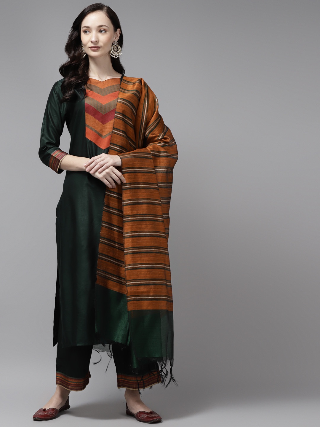 

Indo Era Women Green Yoke Design Pure Cotton Kurta with Palazzos & Dupatta