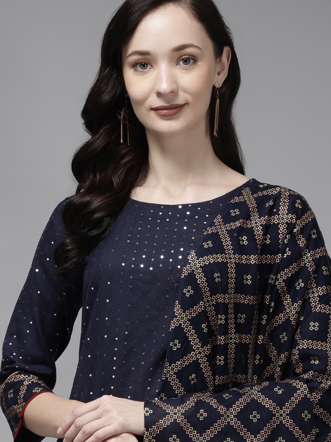 

Indo Era Women Navy Blue Sequinned Kurta with Trousers & Dupatta