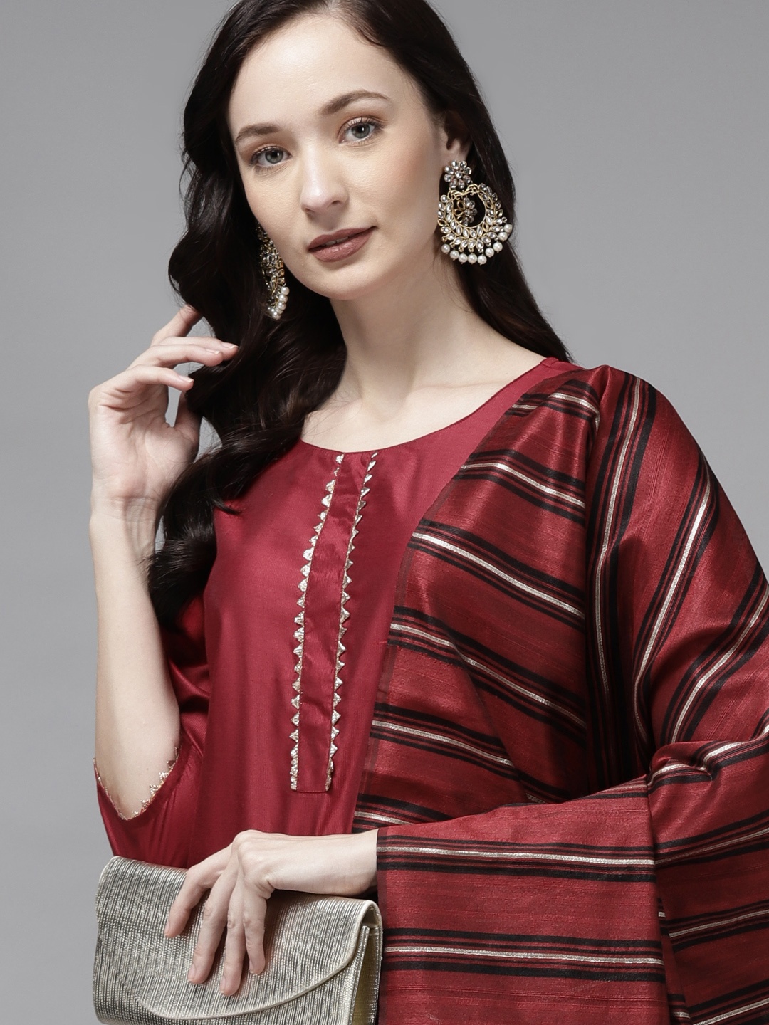 

Indo Era Women Maroon Solid Gotta Patti Kurta with Palazzos & Dupatta