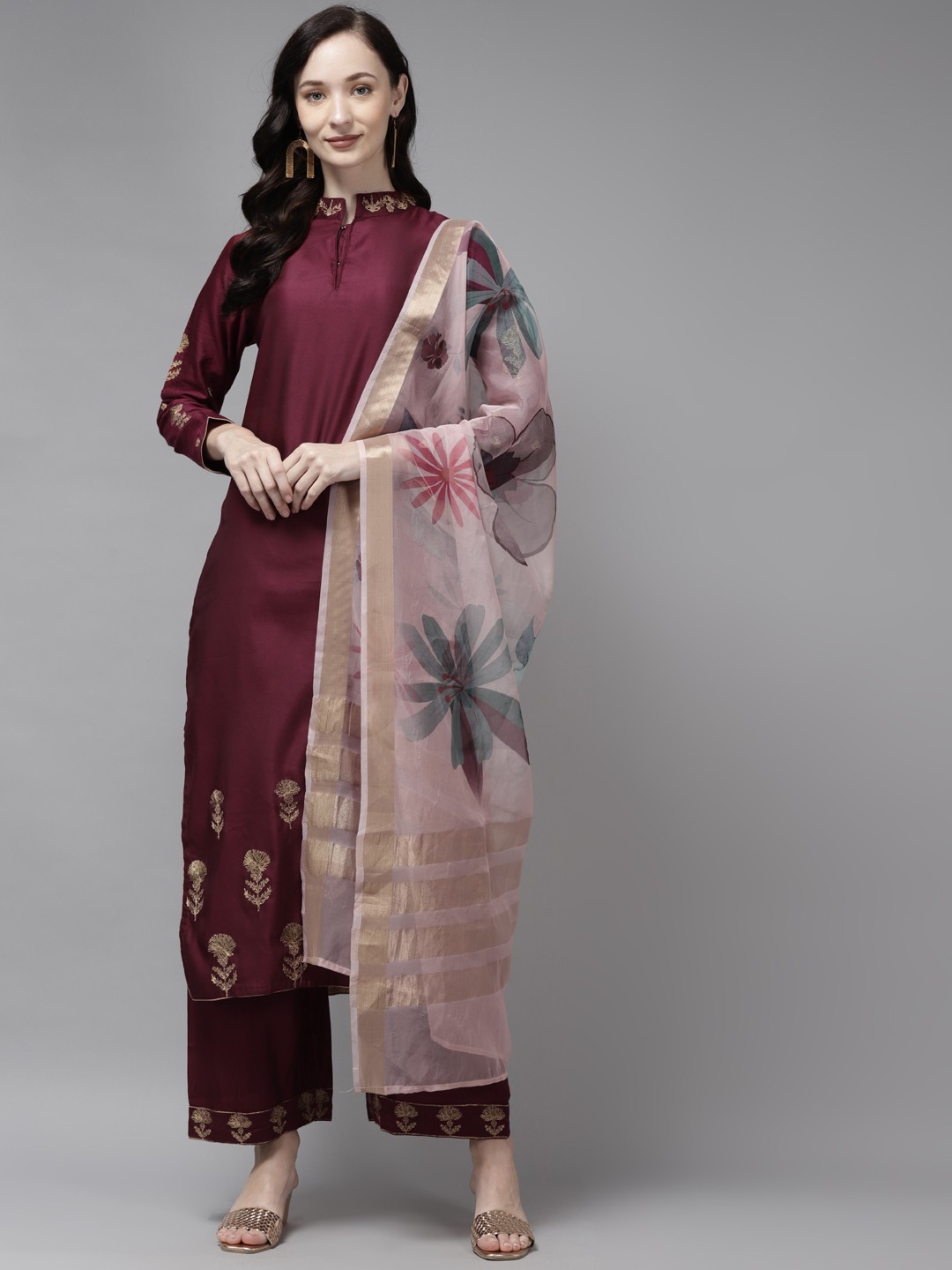 

Indo Era Women Burgundy Pure Cotton Thread Work Straight Kurta with Palazzos & Dupatta