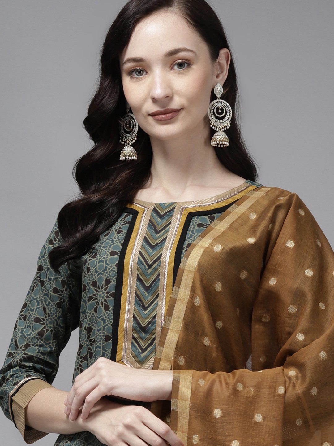 

Indo Era Women Green & Brown Printed Gotta Patti Cotton Kurta with Palazzos With Dupatta