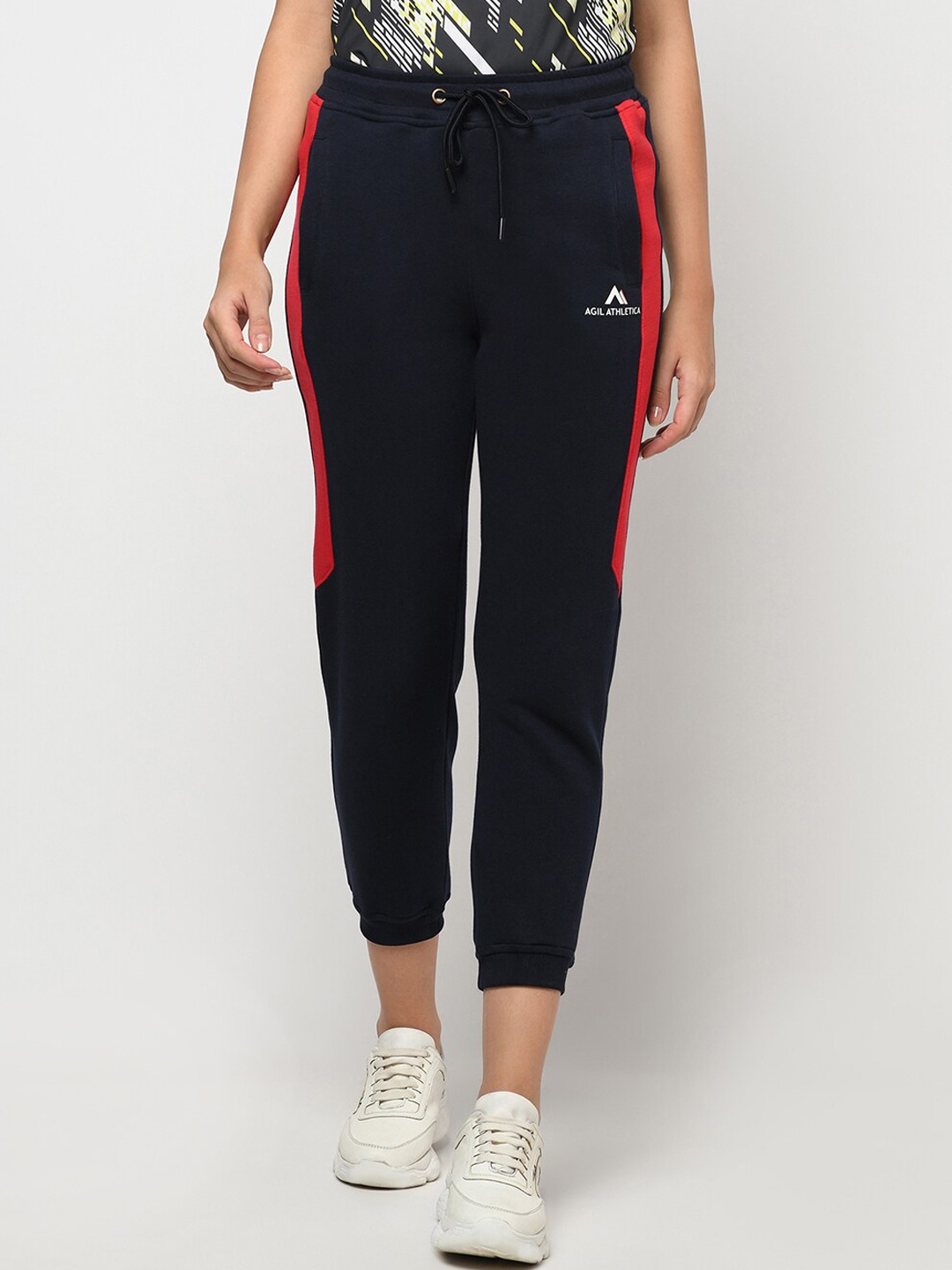 

AGIL ATHLETICA Women Navy Blue & Red Solid Relaxed-Fit Joggers