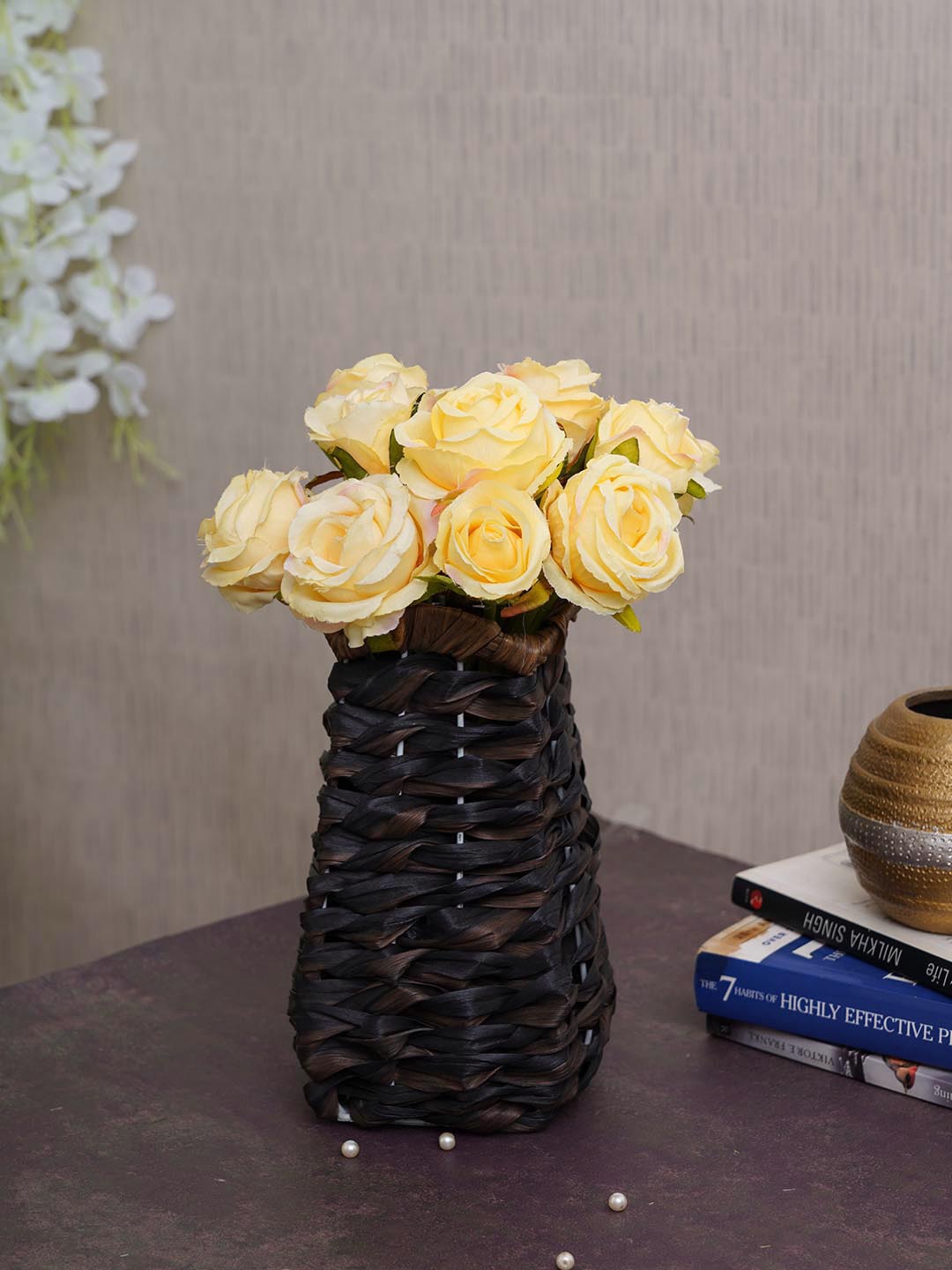 

TIED RIBBONS Set Of 12 Yellow & Green Artificial Rose Flowers With Vase