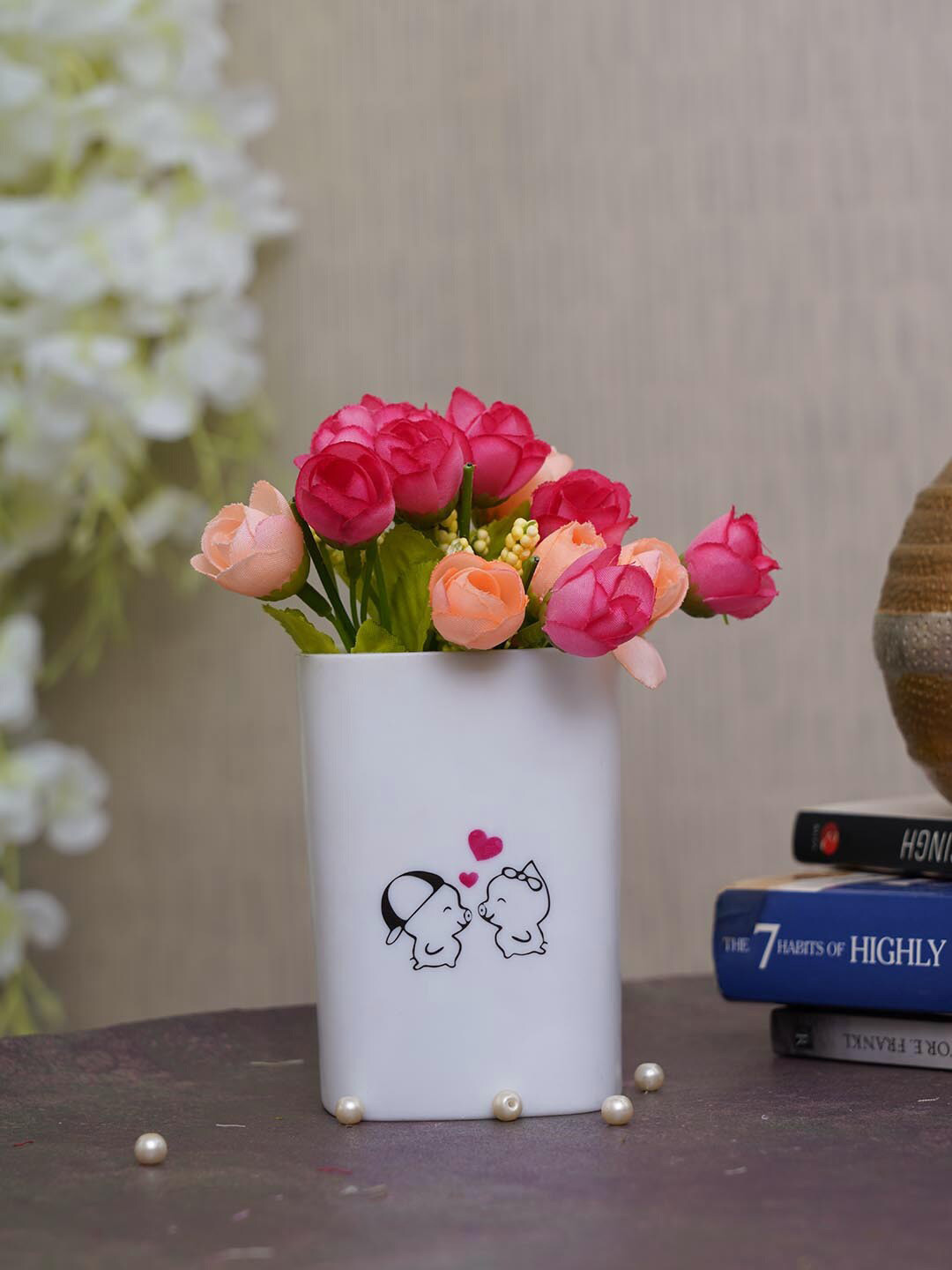 

TIED RIBBONS Pink & White Artificial Silk Rose Flowers Plant With Cute Vase Pot