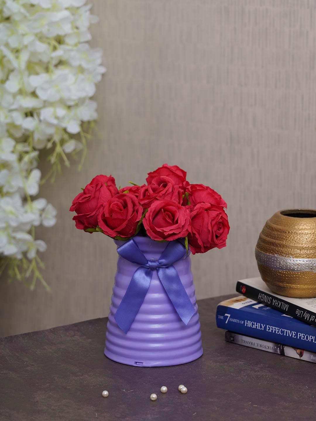

TIED RIBBONS Set Of 12 Violet & Red Artificial Rose Flowers Plant with Decorative Vase Pot