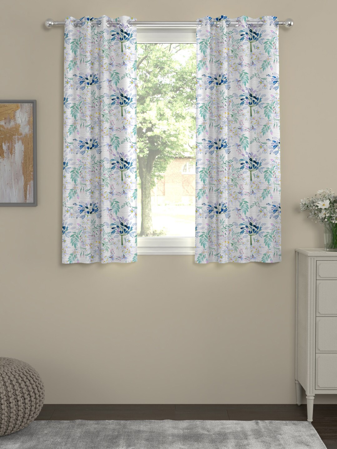 

ROSARA HOME Set of 2 White & Blue Floral Printed Window Curtain