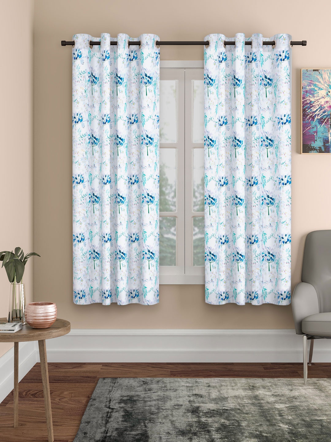 

ROSARA HOME Set of 2 White & Blue Floral Printed Window Curtain