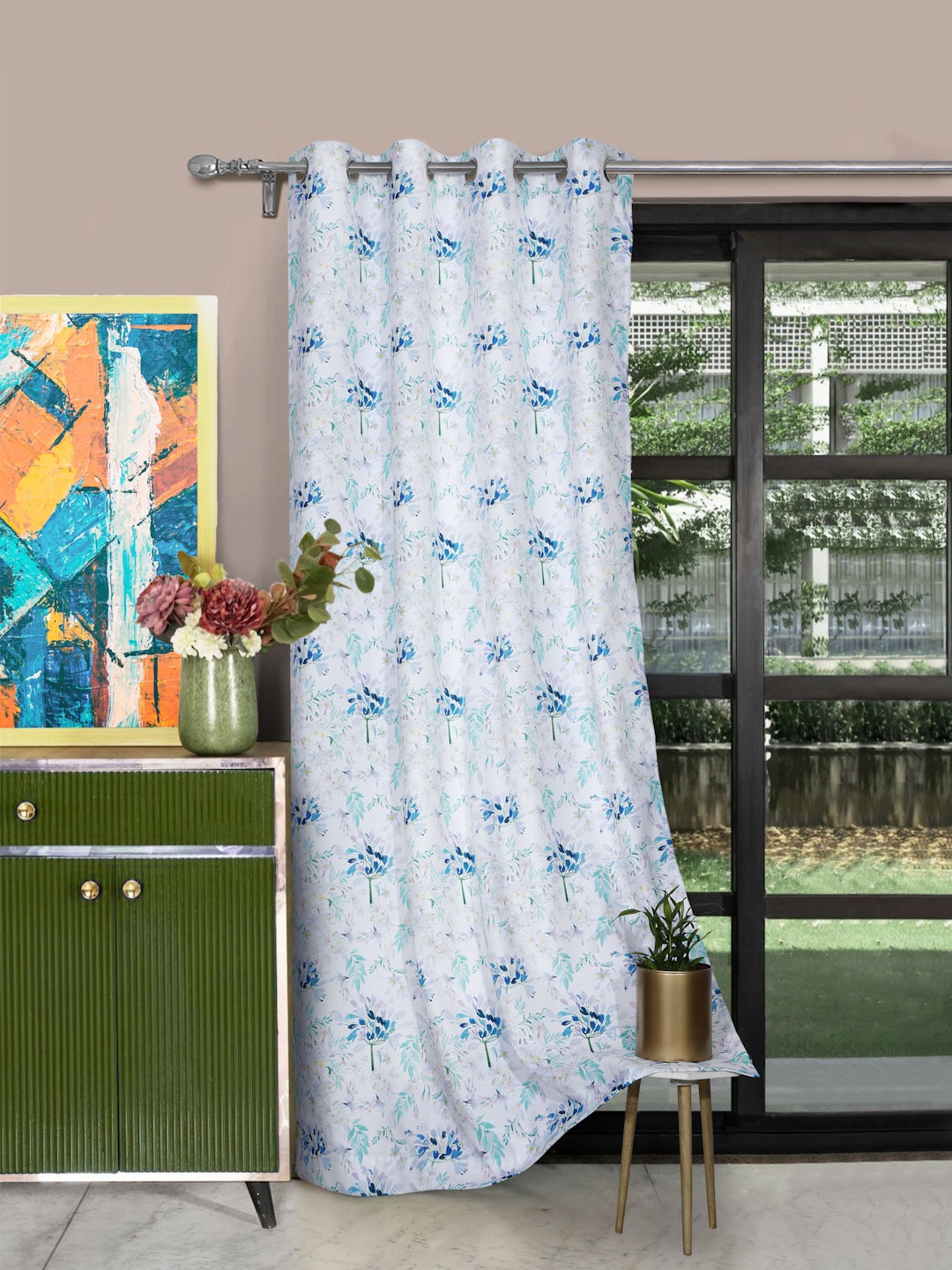

ROSARA HOME White & Blue Floral Printed Single Door Curtain