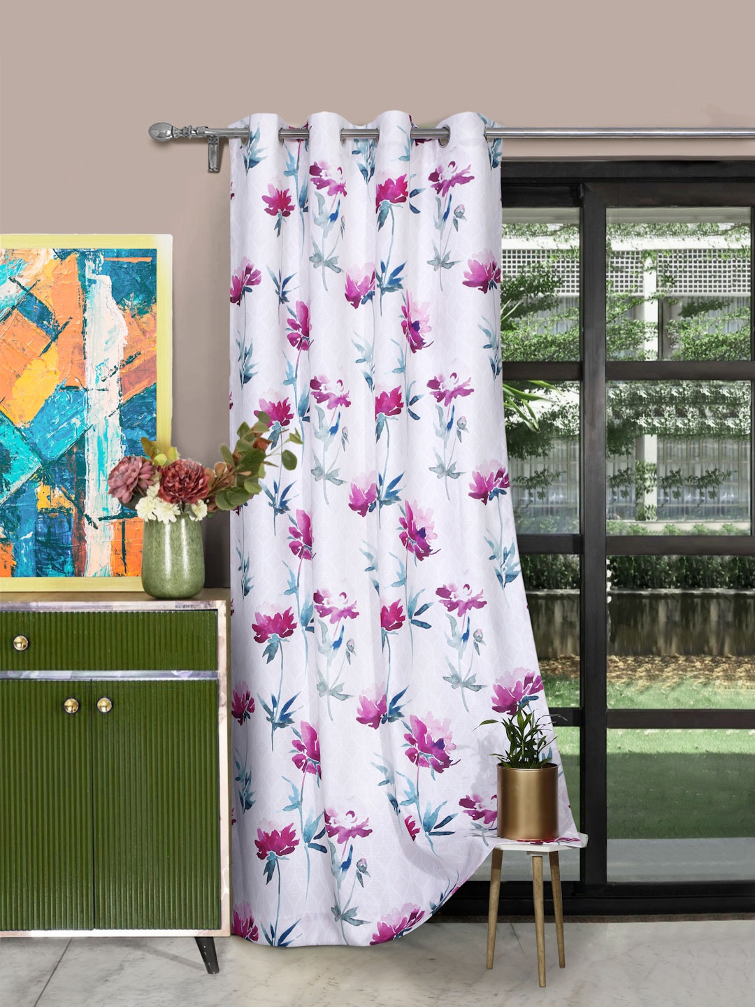 

ROSARA HOME Off White & Pink Floral Printed Single Door Curtain