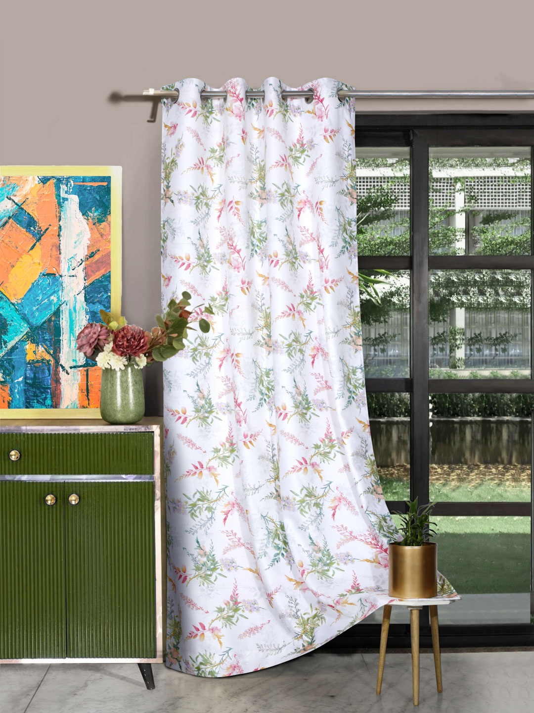 

ROSARA HOME Off White & Green Floral Printed Single Long Door Curtain