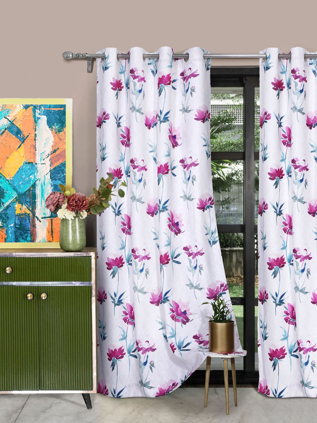 ROSARA HOME White & Pink Set of 2 Floral Printed Long Door Curtain