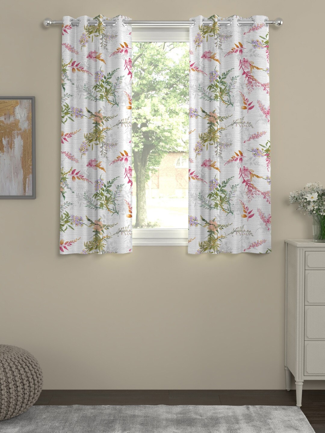 

ROSARA HOME Set of 2 Off White & Green Floral Printed Window Curtain