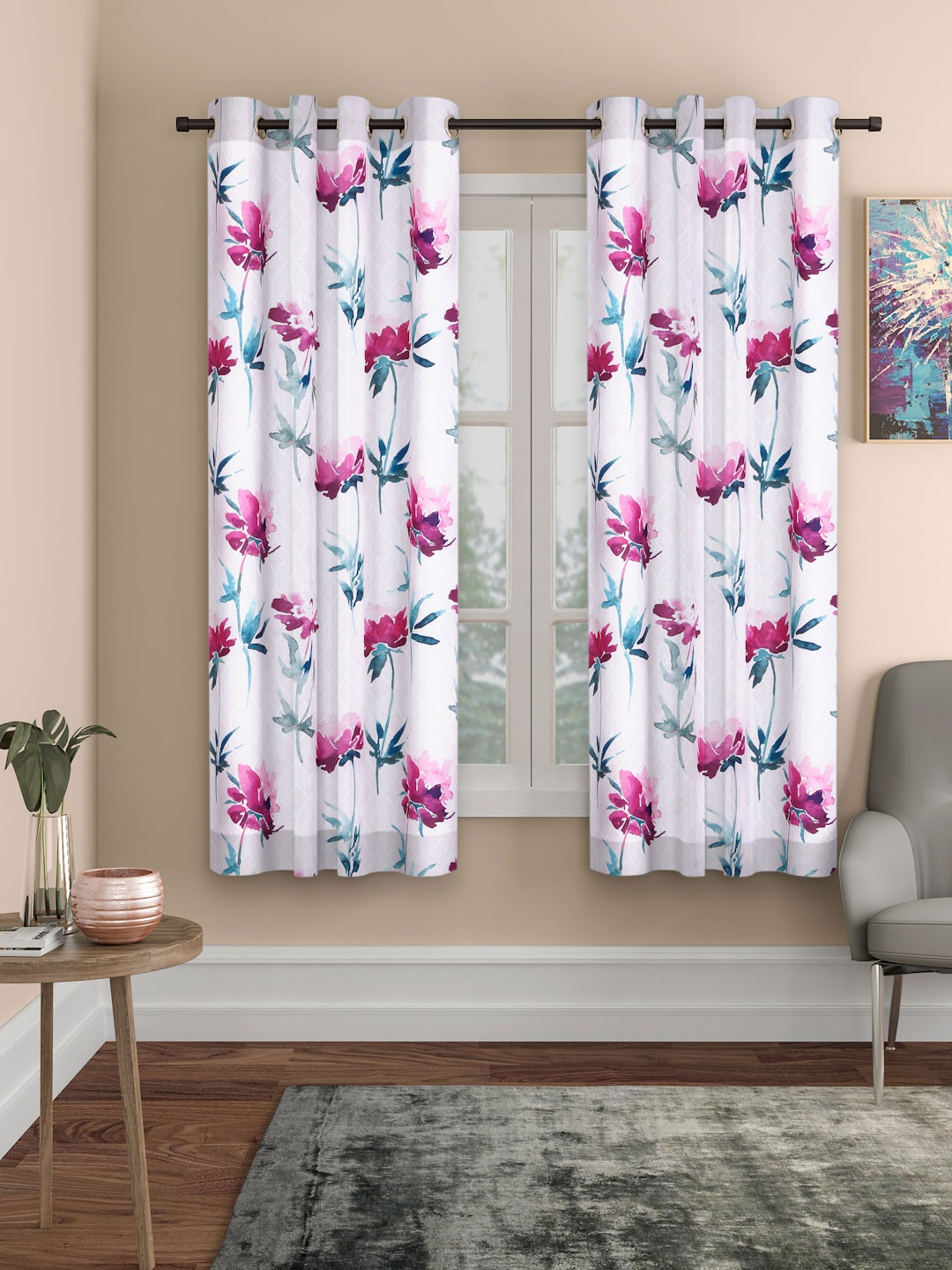 

ROSARA HOME Set of 2 Off White & Pink Floral Printed Window Curtain