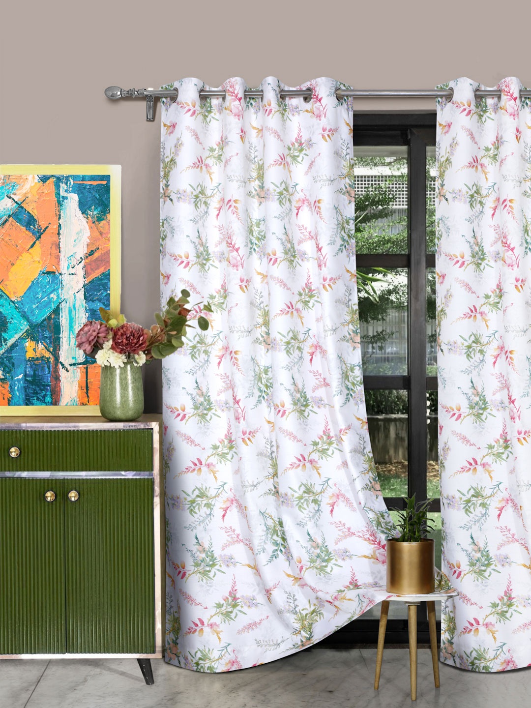 ROSARA HOME Set of 2 Off White & Pink Floral Door Curtain