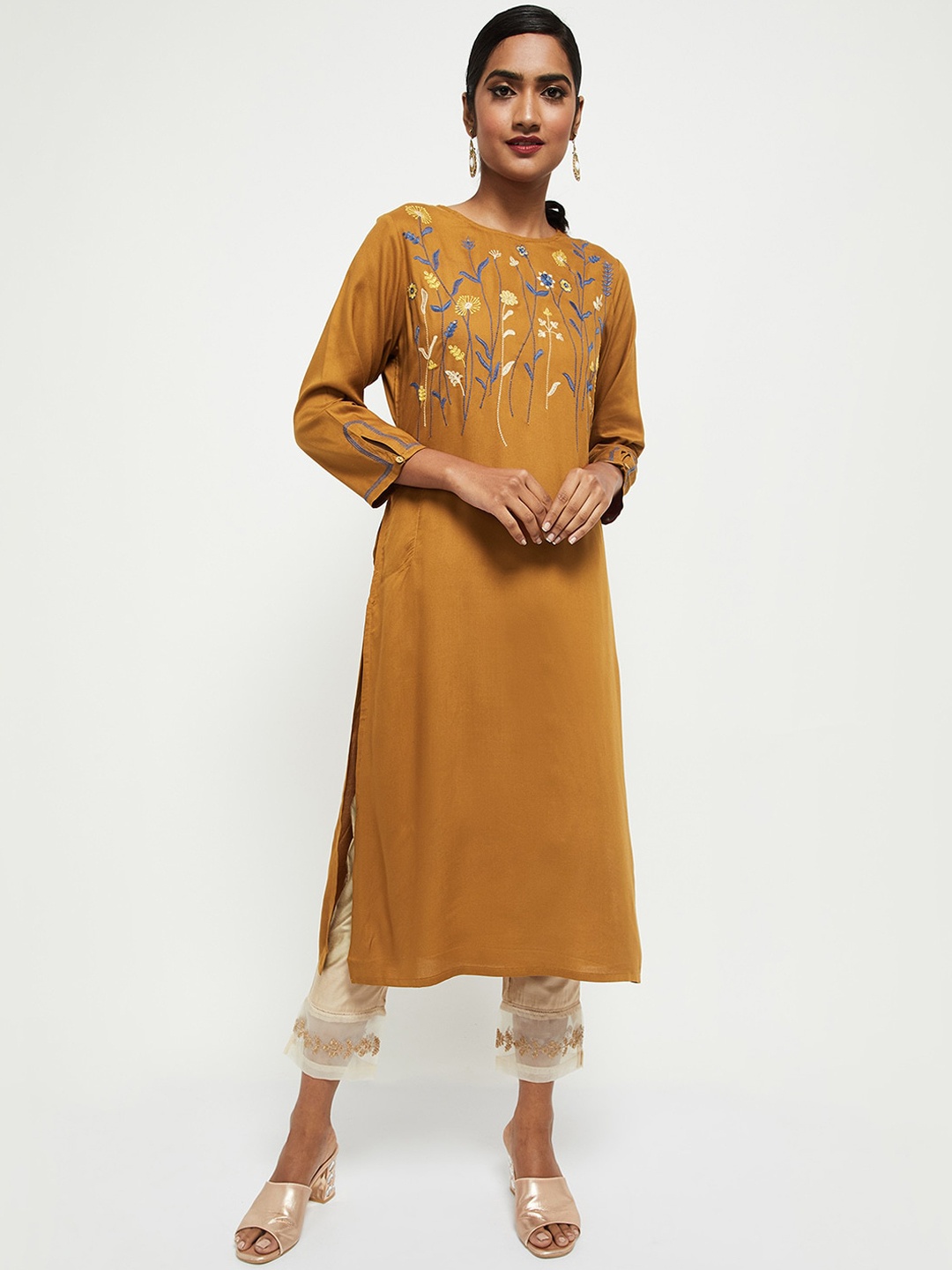 

max Women Mustard Yellow Embroidered Thread Work Kurta