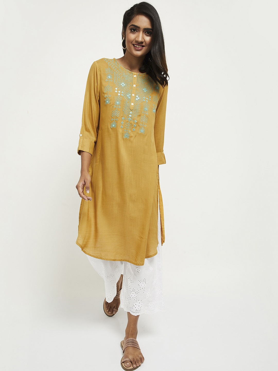 

max Women Mustard Yellow & Turquoise Blue Embroidered Mirror Work Kurta