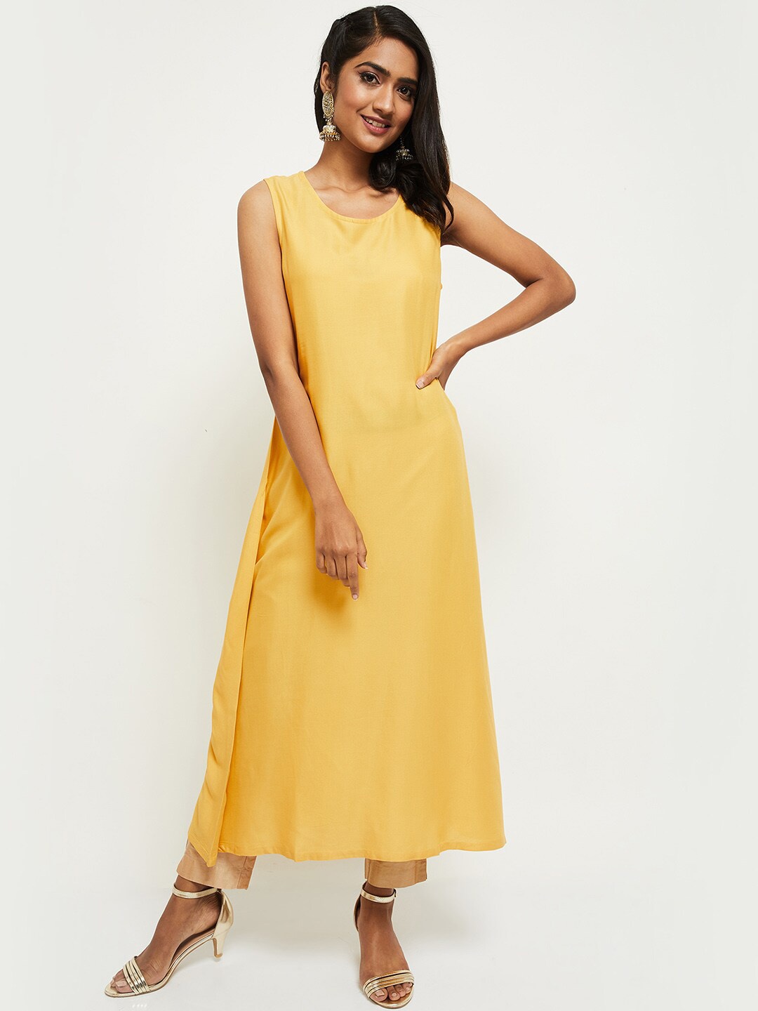 

max Women Mustard Yellow Layered Kurta