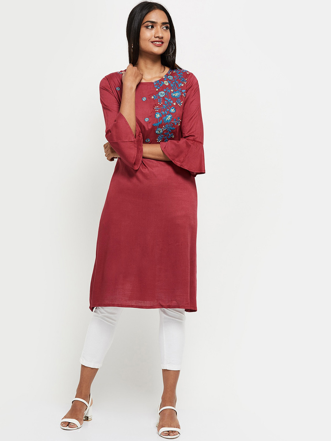 

max Women Maroon & Turquoise Blue Embroidered Thread Work Kurta