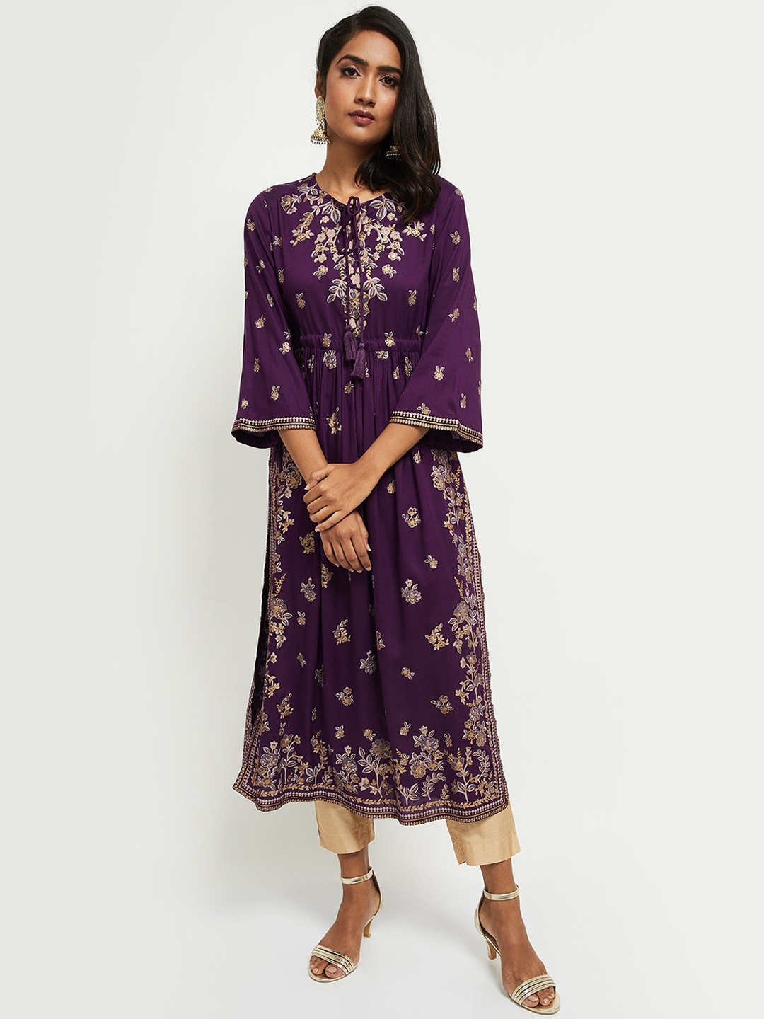 

max Women Purple Floral Embroidered Flared Sleeves Thread Work Kurta