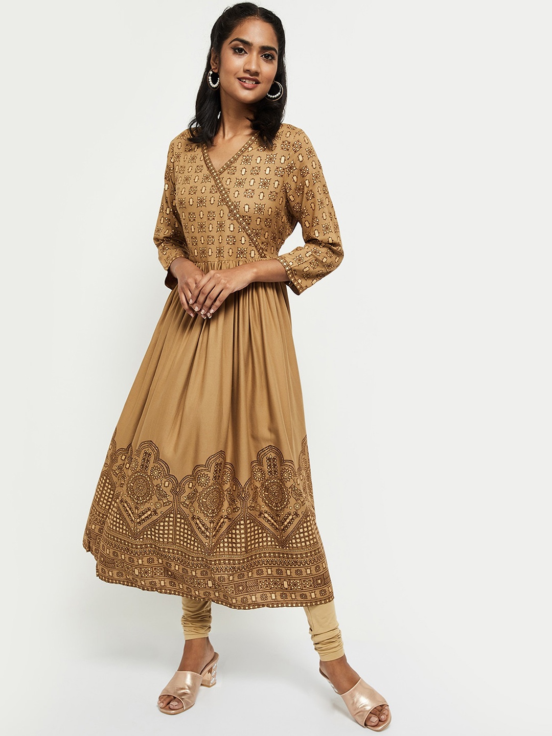 

max Women Beige & Brown Ethnic Motifs Printed Anarkali Kurta