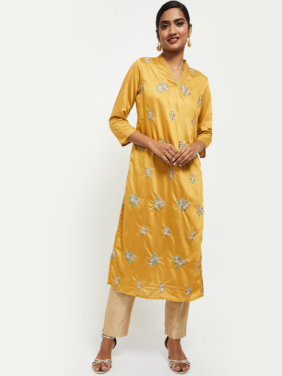 

max Women Mustard Yellow Ethnic Motifs Embroidered Kurta