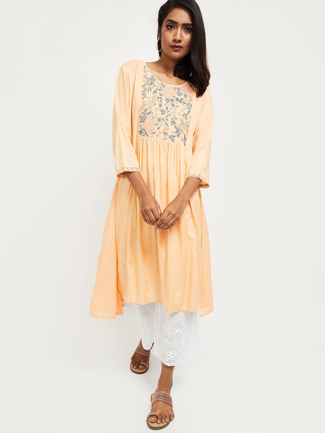 

max Women Peach-Coloured Ethnic Motifs Embroidered Thread Work Anarkali Kurta