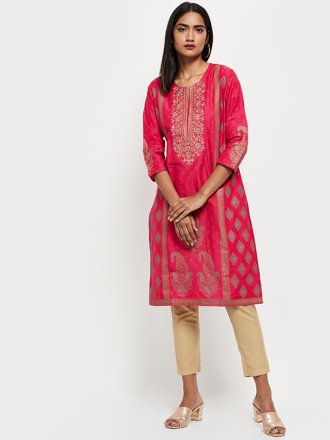 

max Women Fuchsia & Gold-Toned Ethnic Motifs Embroidered Thread Work Kurta