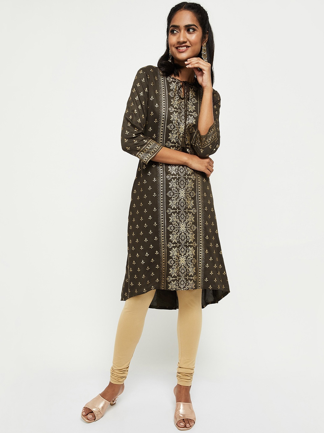 

max Women Brown & Cream-Coloured Ethnic Motifs Printed Kurta