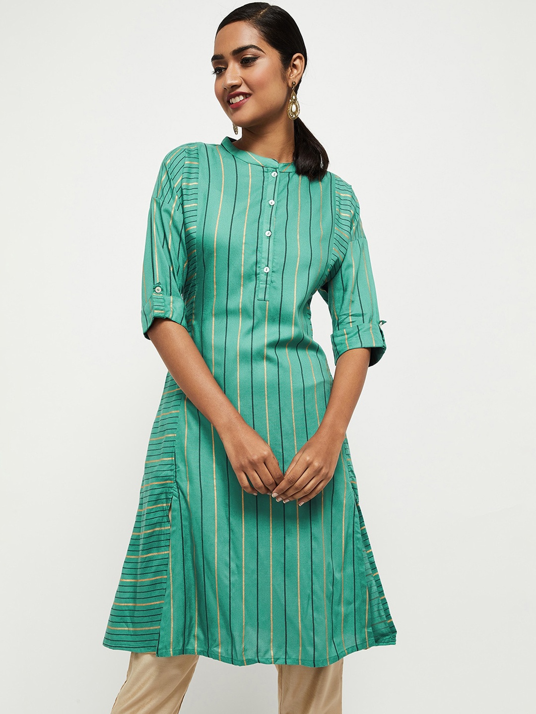 

max Women Green Striped Kurta