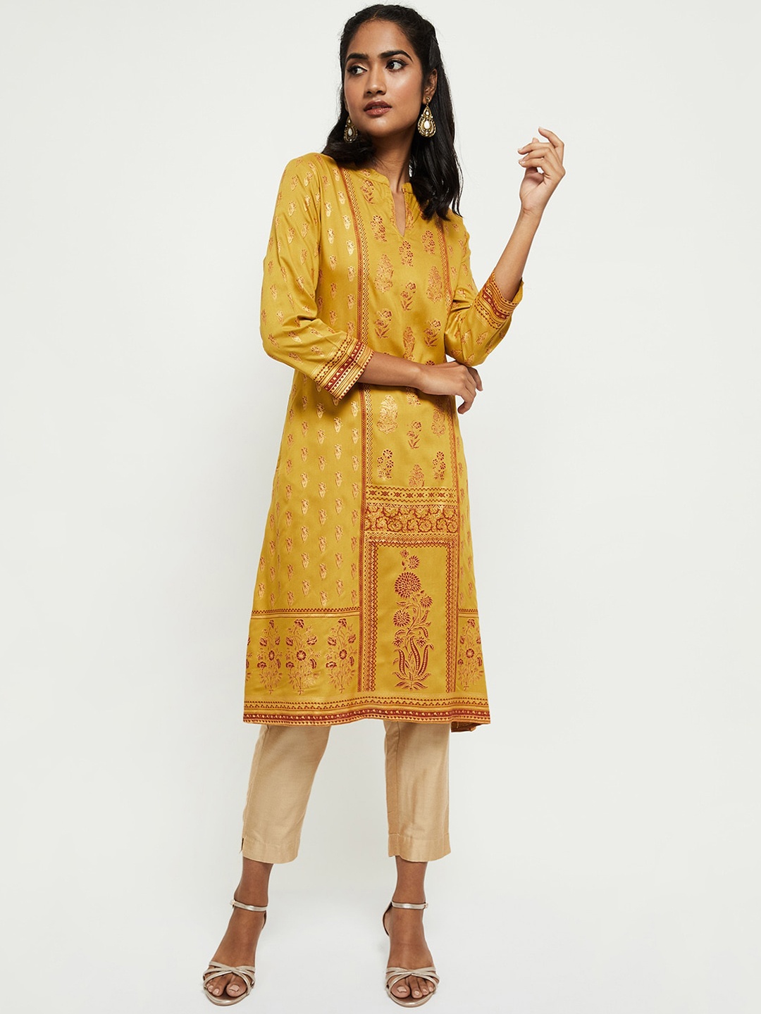 

max Women Mustard Yellow & Red Ethnic Motifs Printed Kurta