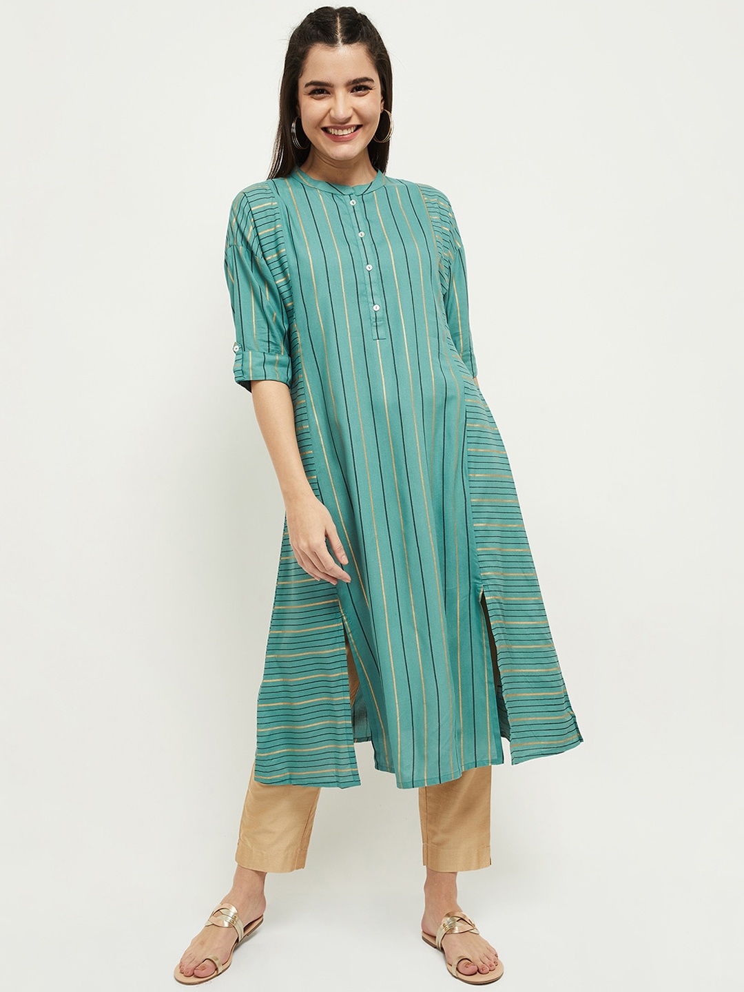 

max Women Green Striped Kurta