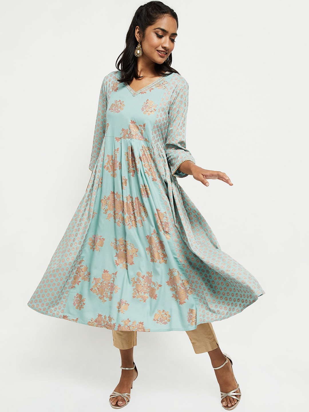 

max Women Blue & Brown Printed Anarkali Kurta