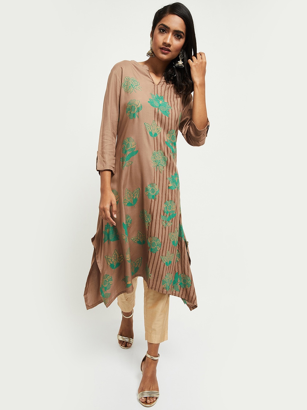 

max Women Brown Embroidered Kurta