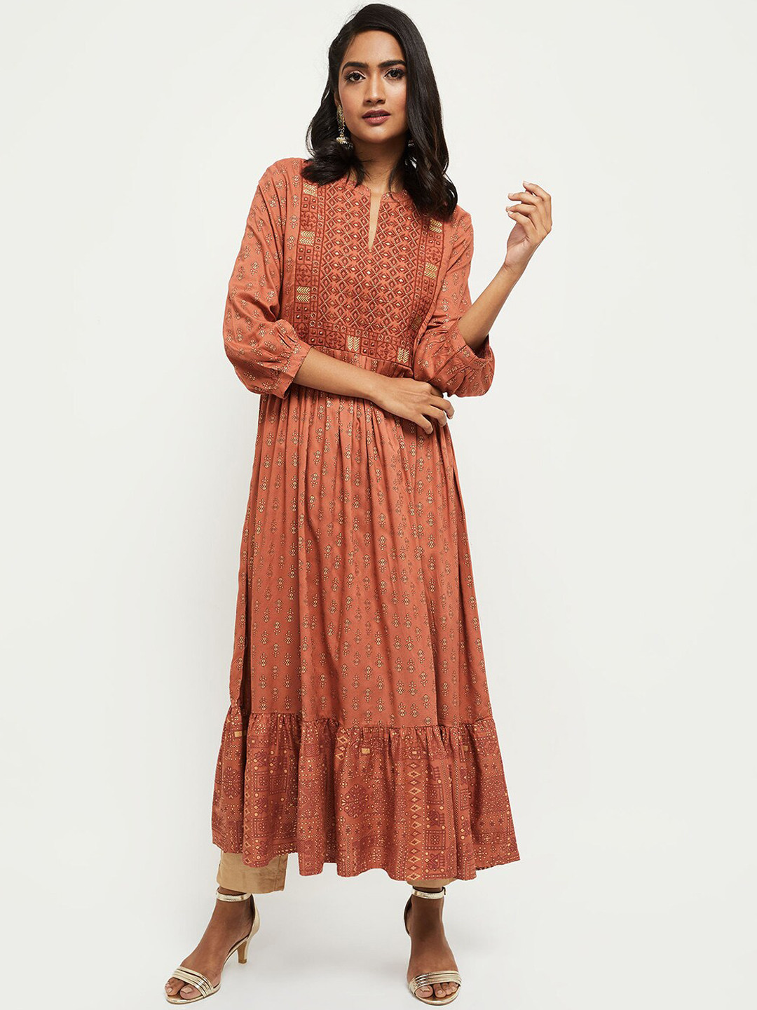 

max Women Rust Ethnic Motifs Embroidered Mirror Work Anarkali Kurta