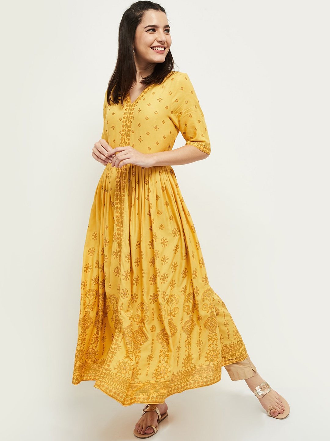 

max Women Mustard Yellow Ethnic Motifs Embroidered Anarkali Kurta