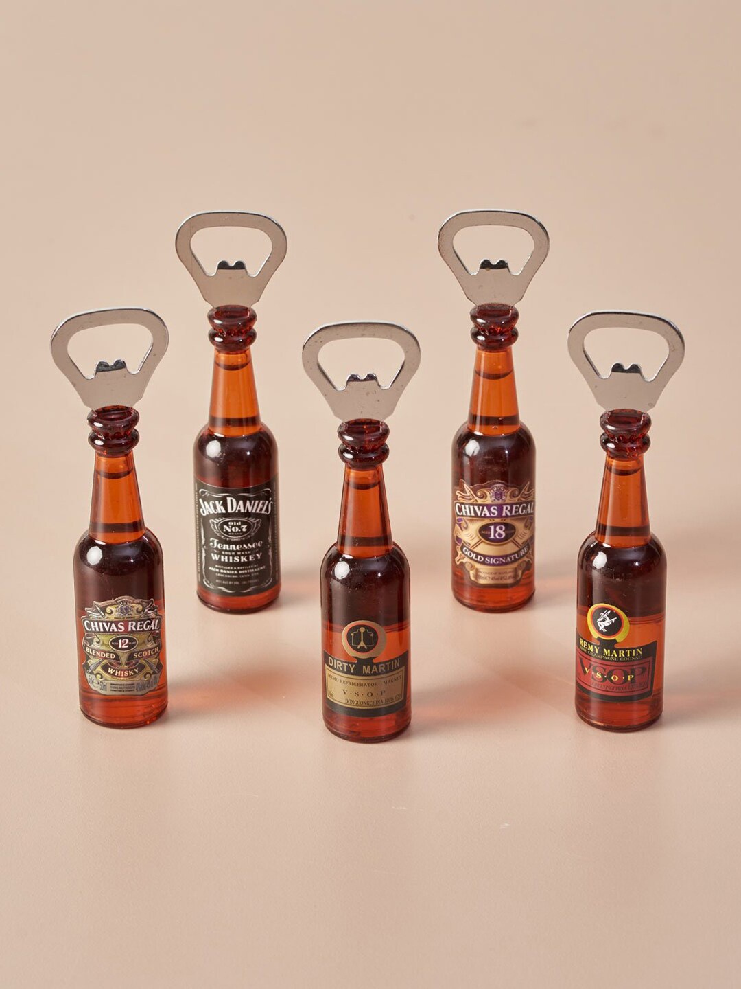 THEDECORKART Set Of 5 Brown Glass Bottle Fridge Magnets Cum Openers