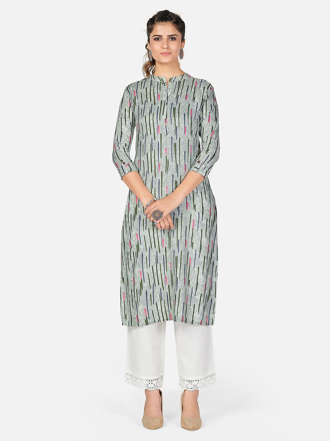 

Vbuyz Women Green & Pink Striped Kurta