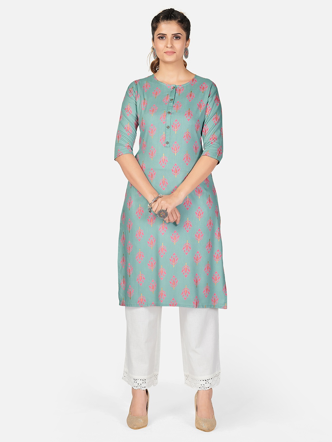 

Vbuyz Women Turquoise Blue & Pink Floral Printed Kurta