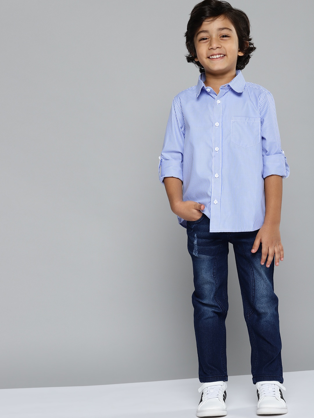 

YK Boys Blue Opaque Striped Casual Shirt