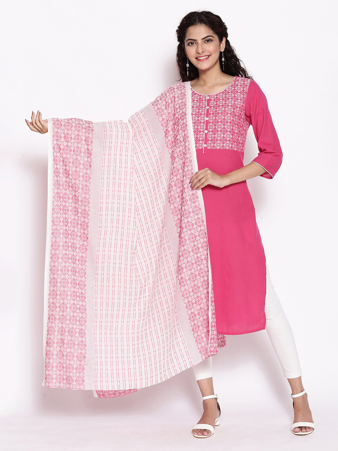 

AURELIA White & Pink Woven Design Pure Cotton Dupatta