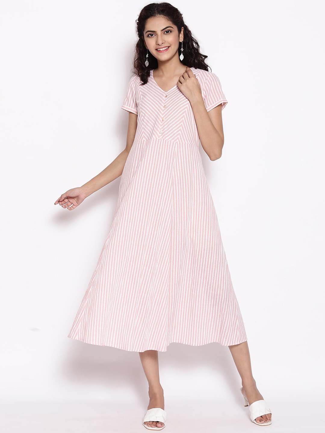 

AURELIA Peach-Coloured Striped A-Line Midi Dress